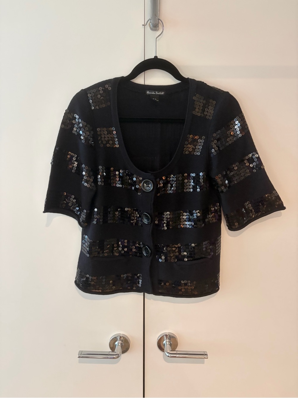 VINTAGE Alexandra Bartlett Black Sequin-Striped Short Sleeve Cardigan